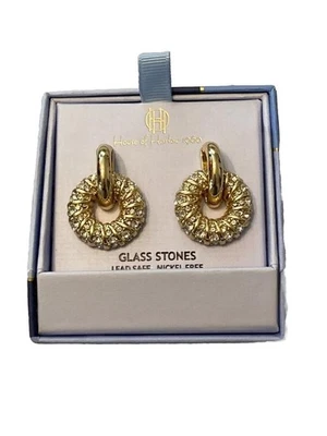 Pendientes House of Harlow 1960 Door Knocker tono dorado piedra de vidrio sin níquel nuevos en caja Foto 1 de 4