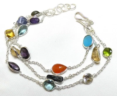 Chalzedon, Karneol,Citrin, Amethyst, Peridot, Kyanit, usw Armband Silber UNIKAT - Bild 1 von 4