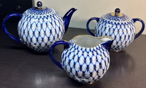Antique Lomonosov Russia 22k gold Cobalt Net Tea Pot, Sugar and Creamer Set - Picture 1 of 13