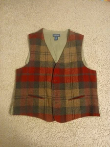 VTG LANDS END WOOL NYLON 6 BUTTON PLAID VEST COTTON SIZE LARGE BELTED BACK GRDPA - Picture 1 of 13