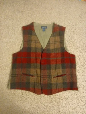 VTG LANDS END WOOL NYLON 6 BUTTON PLAID VEST COTTON SIZE LARGE BELTED BACK GRDPA - Image 1 of 4