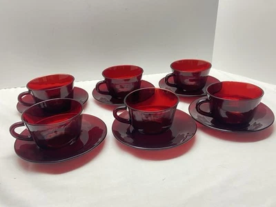 12 pc set Vtg ANCHOR HOCKING Depression Glass ROYAL RUBY Red  CUPS & SAUCERS - Image 1 of 4