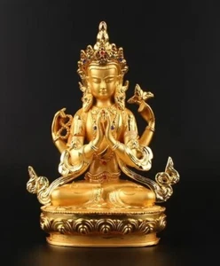 Legierung Metall golden buddhistische vierarmige Guanyin Figur Buddha - Bild 1 von 5