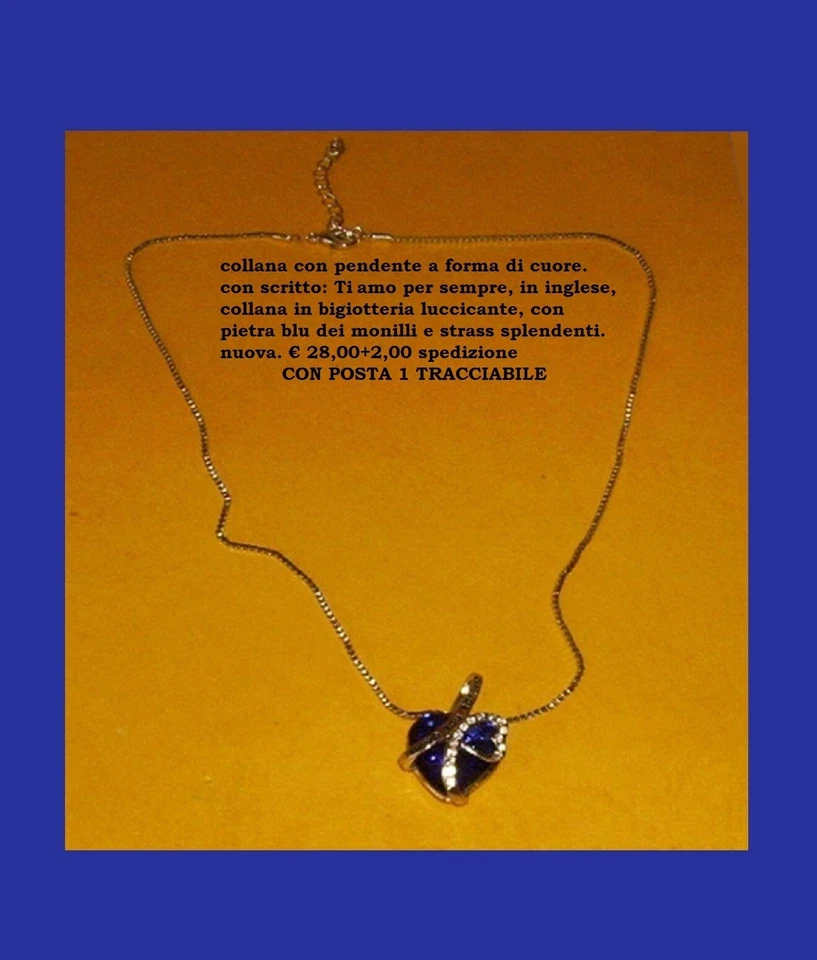 Collana donna con cuore, in bigiotteria luccicante strass, e pietra blu  monilli - Immagine 1 di 2