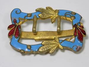 Schöne Jugendstil Gürtelschnalle Emaille Floral Messing Gürtelschließe - Bild 1 von 8
