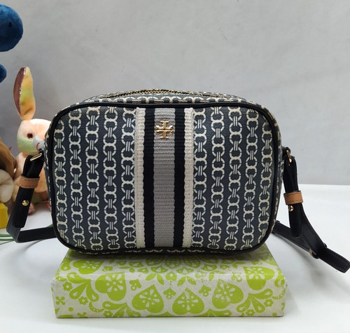 Borsa a tracolla Tory Burch Gemini Link in tela nera mini borsa a righe con cerniera
