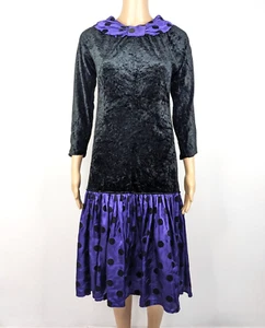 Handmade Vintage 80s Women Black Purple Velvet Polka dot print dress Size 6 XS - Picture 1 of 7