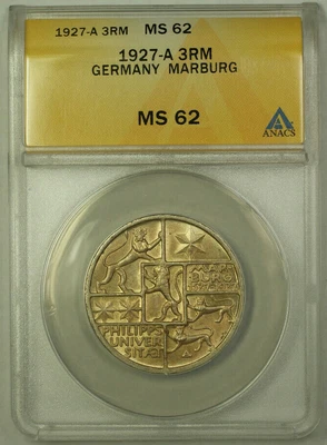 1927-A Germany Marburg Silver 3 Reichs Mark ANACS MS-62 Toned - Image 1 of 2