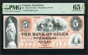 1800's $5 Pearisburg, VA- Bank of Giles 'Proof 'PMG 65 EPQ- WOW STUNNING NOTE! - Picture 1 of 11