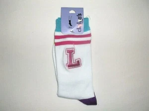 Claire's pastel striped "L" graphic crew socks white w/blue/pink nwt kawaii 80's - Picture 1 of 1