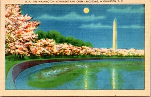 Cartolina di lino Washington Monument & Cherry Blossoms Washington DC - Foto 1 di 2