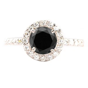 1.35Ct 100% Natural Jet Black Diamond With White Accents Ring In 14KT White Gold - Picture 1 of 11