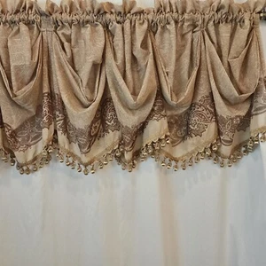 Corscill Home Valance Set of 2 Soft Tan w/ Green and Brown Gold Trim Semi Sheer - Picture 1 of 8