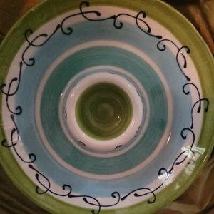 Crate and Barrel large chip and dip server handpainted redware blue green  - Picture 1 of 10