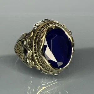 925 Sterling Silver Men's Sapphire Ring with Vintage Design, Blue Gemstone - Picture 1 of 7