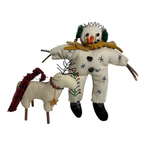 Vintage Handarbeit primitiver Weihnachtsschmuck Schneemann Rentier Stoff Cabincore  - Bild 1 von 13