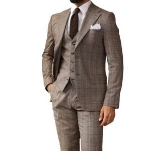 Herrenanzug Brauner Karierter Blazer Jackett Smoking Sakko Slim Business Custom - Picture 1 of 28