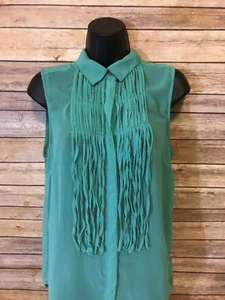 Angie Sleeveless Fringe Shirt Size Large Womens Green Western Button Down New - Picture 1 of 10