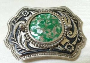 Silvertone & Black with Green White & Silver Inset Belt Buckle USA Used VG - Picture 1 of 6