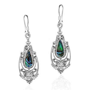 Victorian Style Teardrop Abalone Shell Inlay Sterling Silver Dangle Earrings - Picture 1 of 5