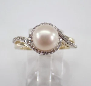 Yellow Gold Pearl and Diamond Engagement Ring June Birthstone Gemstone Gift - Picture 1 of 7