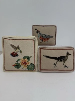 Vtg 3 Wool Needlepoint Bird Pillows Quail Roadrunner Hummingbird Handmade /rb - Image 1 of 4