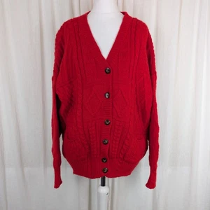 St Michael 100% Wool Cable Knit Cardigan V Neck Vintage Red UK 16 - 18 (14-16) - Picture 1 of 19