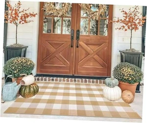Khaki und Weiß Outdoor Teppich 3'x5', Herbst Outdoor Veranda Teppich Baumwolle Gewebt - Bild 1 von 8