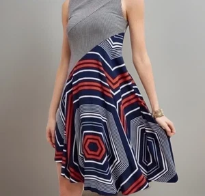 MAEVE ANTHROPOLOGIE Dress X-Large Navy Red White Striped Geo Print Cameron Mini - Picture 1 of 10