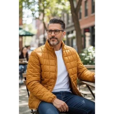 Old Navy L Grid Quilt Puffer Jacket Men's SAFFLOWER Orange Water-Resistant Coat - Image 1 of 4