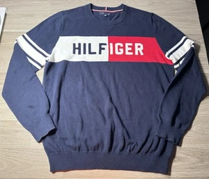 Tommy Hilfiger Rundhals Pullover Baumwolle Herren Gr. XL Logo blau rot weiß - Bild 1 von 10