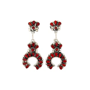 Alice Mutte, Earrings, Coral, Sterling Silver, Zuni Handmade, 2" - Picture 1 of 4