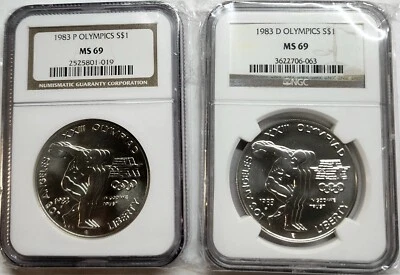 1983 OLYMPICS SILVER DOLLAR UNC. SET P & D NGC BOTH MS-69 (2 coins) - Image 1 of 2