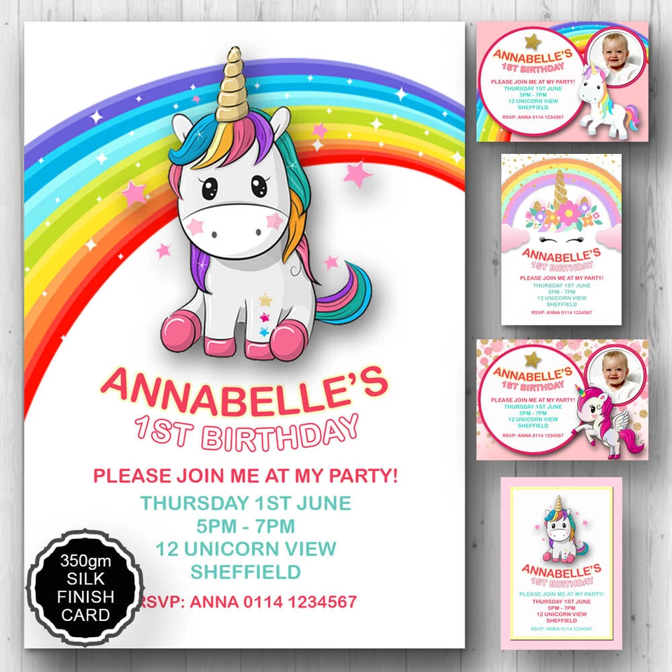 10 Invitaciones Personalizadas Unicornio Arco Iris Niñas Fiesta de Cumpleaños Invitaciones Foto 1 de 1