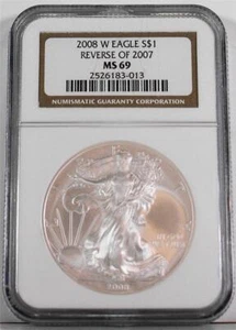 2008-W Reverse Of 2007-W $1 1 Ounce Burnished Silver Eagle NGC MS 69 Gold Label - Picture 1 of 2