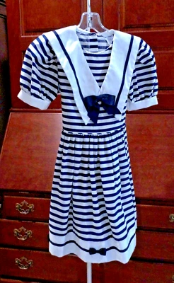 LINDO VESTIDO VINTAGE DE ALGODÓN PARA NIÑA THOMAS TALLA 10, AZUL MARINO Y BLANCO Foto 1 de 4