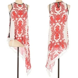 90's Atina Christina Top XS White Red Tunic Asymmetrical Hem Dragon Draped Side - Picture 1 of 12