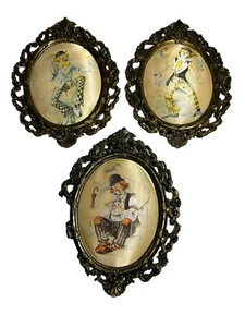 Vintage Italy Brass Framed Silk Satin Clown Print Lot - 1 Broken Frame - Picture 1 of 10