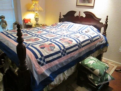 Quality Handmade 102" X 86" Quilt Blue, Pink, With Large Intricate Flowers - Image 1 of 4
