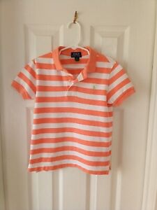 Polo Ralph Lauren Boys SS Orange White Striped Mesh Shirt Sz 5