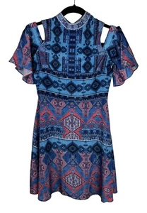 Rococo Sand Printed Cold Shoulder Dress Size XS Cutout Mini Blue Pink Womens - Picture 1 of 12