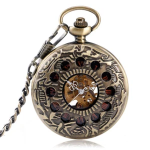 Bronze Copper Circles Mechanical Hand-winding Wind Up FOB Men Pocket Watch Chain - Picture 1 of 12