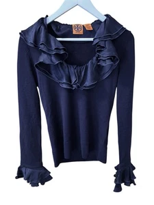Maglione donna Tory Burch blu navy lana seta orlo volant taglia S - Foto 1 di 5