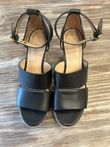 Coach Isla Black Leather Wedge Sandals, Size 8 - Picture 1 of 11