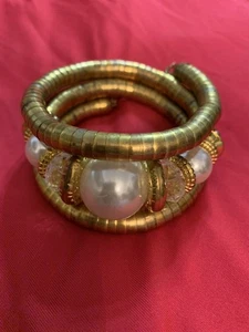 Vintage Chunky Bracelet Thick Brushed Matte Coiled Design With Faux Pearls - Picture 1 of 5