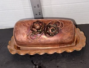 Vintage Copper Gregorian Butter Dish 3D Flowers Roses Ruffled Edges - Picture 1 of 9