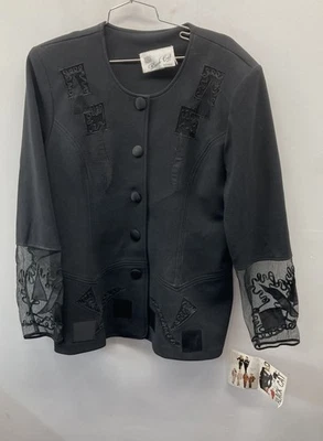Vintage 90s Black Cat Women's Black Art to Wear Sheer Sleeve Applique Blazer XXL - Image 1 of 4