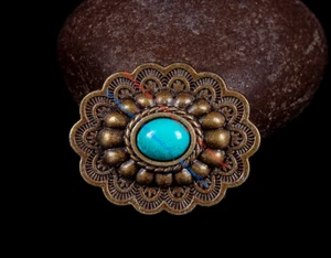 10PCS 35*28MM Oval Antique Brass Engraved Flower Green Turquoise Craft Conchos - Bild 1 von 11