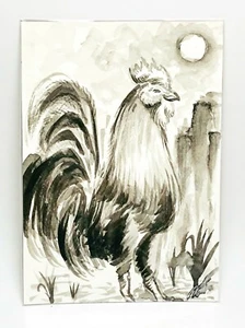Japanese Art Board Hand Paint Calligraphy Zodiac Chicken Chinese Ink Home Deco - Picture 1 of 4