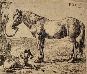 Pieter Jacobsz. Van Laser 1599-c.1642 Incisione Panorama Con Cavallo Cane Antico - Foto 1 di 6
